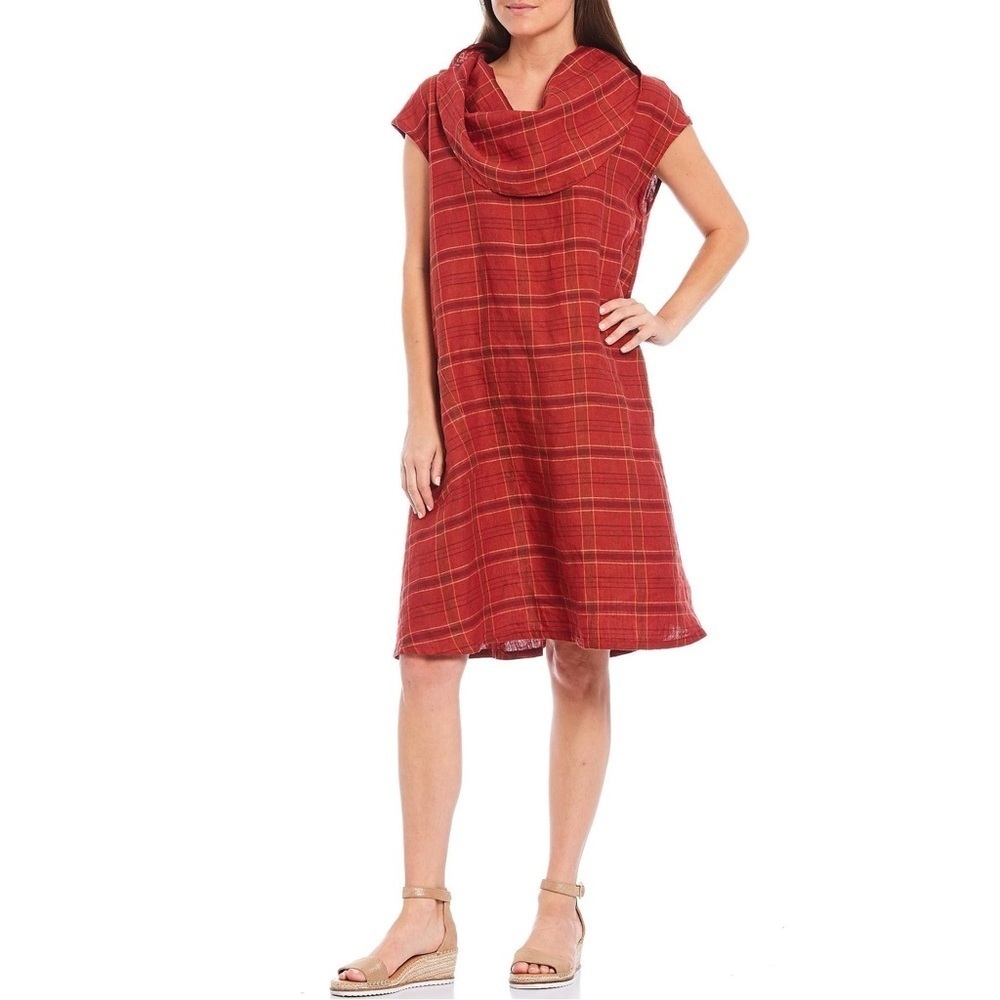 Bryn Walker Linen Plaid Nolan Dress Red Orange Cowl Neck Sleeveless Tunic M